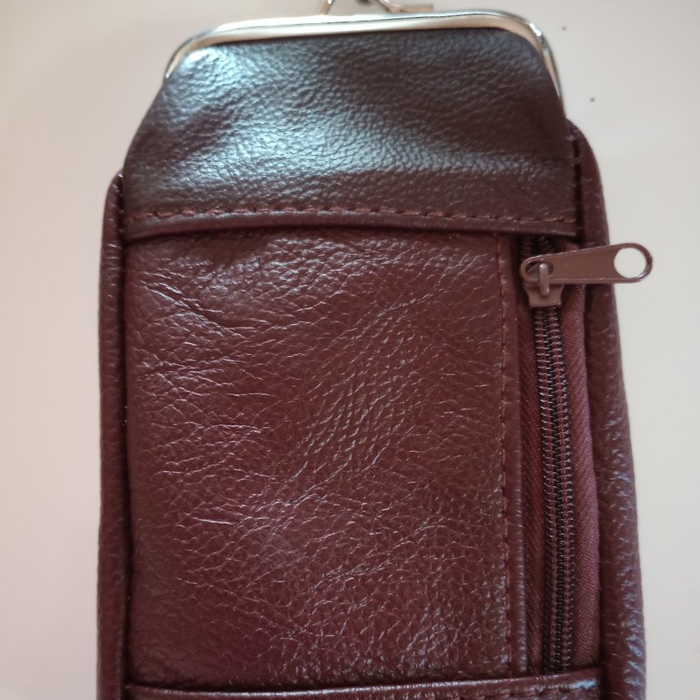 120mm leather snap top cigarette case with pocket and zipper burgundy color